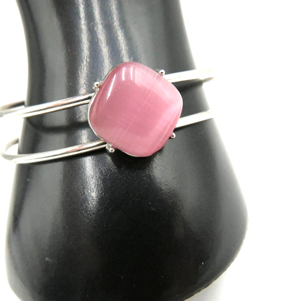 Pink Cat‎ Eye Glass Stone Silver Tone Double Wire Cuff Bracelet Fashion Jewelry